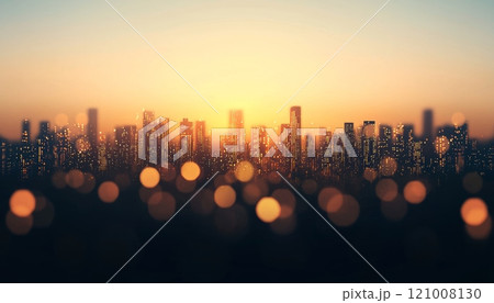 City skyline silhouette at sunset with bokeh effect and warm colors. 121008130