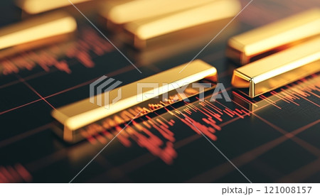 Gold bars on a stock market graph, illustrating financial investment and wealth. 121008157