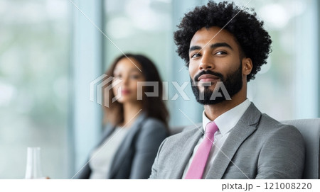Confident businessman in a suit, focused on a meeting with colleagues. 121008220