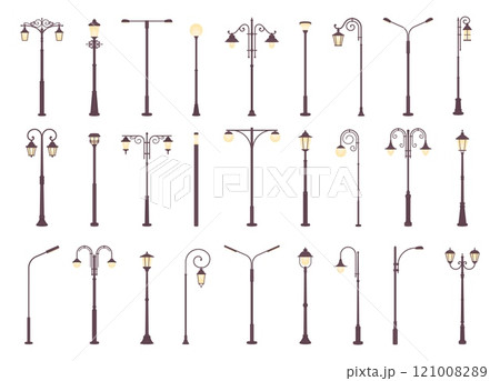 Urban street lamps. Outdoor urban lights elements, retro modern light for city or town sidewalk. Decorative lightning landscape, racy vector collection 121008289
