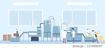 Juice production at factory. Manufacture workers working with fresh fruits and products. Carry boxes, set up equipment. Food recent vector scene 121008297