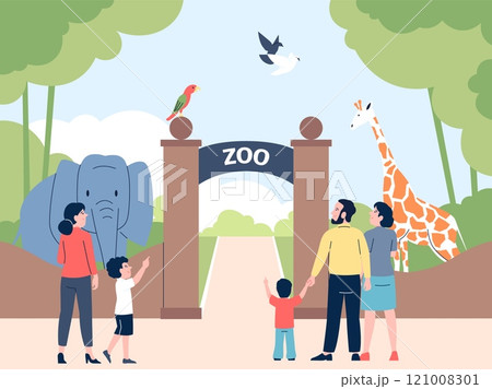 Zoo entrance. Parents with children go to animal park. Visitors on excursion, weekend recreation outdoor. Family time on nature, recent vector flat scene 121008301