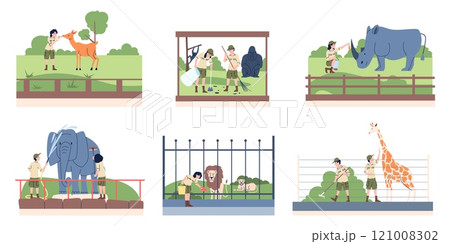 Zoologist characters. Zoologists working with animals, zoo workers feeding, cleaning, washing lion elephant giraffe. Natura researches, recent vector scenes 121008302
