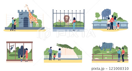 People in zoo. Animal park scenes, family and couples, adults children looking on wild animals. Lion giraffe elephant crocodile in enclosure, flat recent vector scenes 121008310