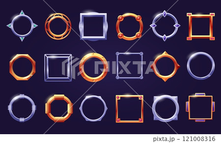 Avatars frames set. Gold silver frame, round square metal game assets. User interface elements for app or game, decorative nowaday vector kit 121008316
