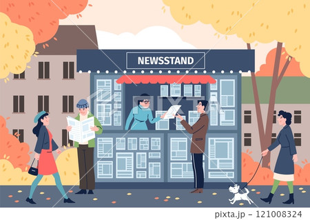 City street newsstand. People buy newspapers, adults reading magazines. Men women read daily news in paper newspaper, flat recent vector scene 121008324