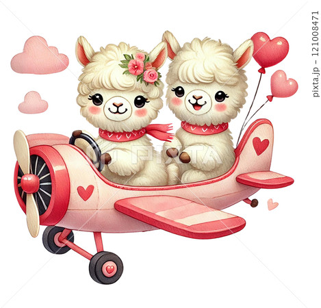 Adorable cartoon llamas flying a pink plane surrounded by hearts. Happy Valentine's day. 121008471