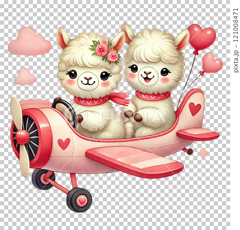 Adorable cartoon llamas flying a pink plane surrounded by hearts. Happy Valentine's day. 121008471