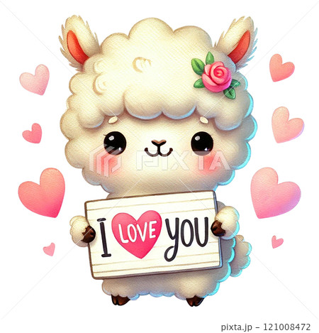 Adorable llama character holding a heart sign with a cute expression and flowers. Happy Valentine's day. 121008472