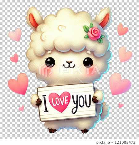Adorable llama character holding a heart sign with a cute expression and flowers. Happy Valentine's day. 121008472