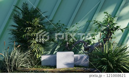 nature background product forest empty green natural display podium cosmetic. beauty platform summer pedestal stage stand outdoor texture plant tropical. tree stone leaf garden promotion fresh mockup 121008621