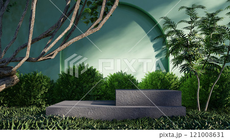 nature background product forest empty green natural display podium cosmetic. beauty platform summer pedestal stage stand outdoor texture plant tropical. tree stone leaf garden promotion fresh mockup 121008631