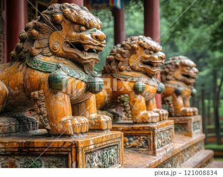 Stone guardian lion statue garden nature texture protection mythology tradition culture 121008834