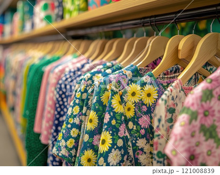 Clothing rack, fabrics and textures jackets with floral embroidery hanging on a rack, fashion store 121008839