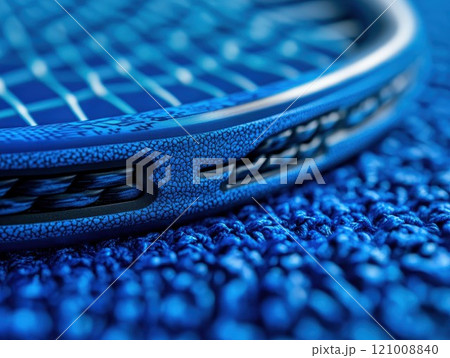 Tennis racket closeup with strings and grip, sport equipment activity leisure net game design 121008840