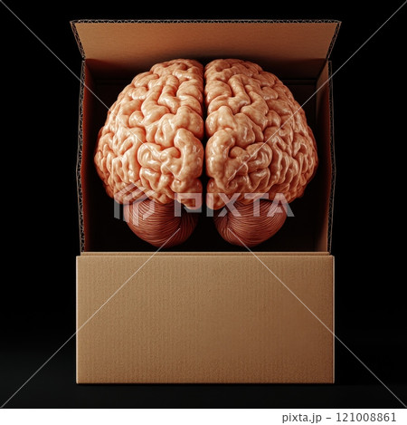 Brain in cardboard box container, mystery intelligence symbol, curiosity containment 121008861