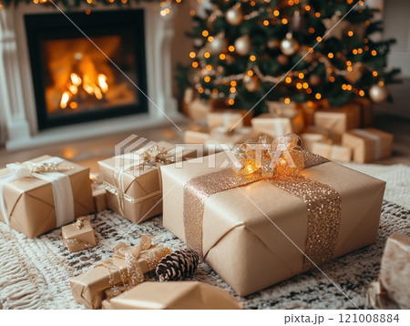 Holiday warmth hearth tree glowing presents fireplace magic interior tranquil Holiday warmth hearth tree glowing presents fireplace magic interior tranquil 121008884