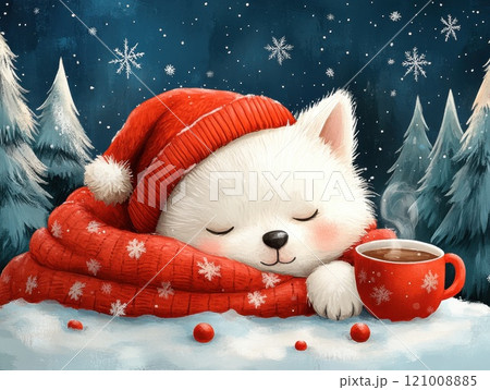 Winter dream, cute white dog sleeping in snow, tea coziness forest dreams tranquility 121008885