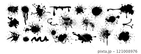Black spray paint drips, inky blots, lines and ink splatters with graffiti grunge effect 121008976