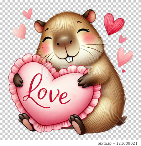 Cute cartoon animal embracing a heart with love symbols around. Animal cartoon character. Cute cartoon animal embracing a heart with love symbols around. Animal cartoon character. 121009021