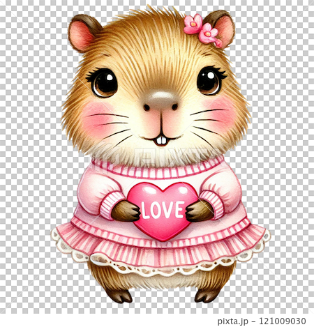Cute guinea pig holding a heart signifying love and affection. Animal cartoon character. 121009030