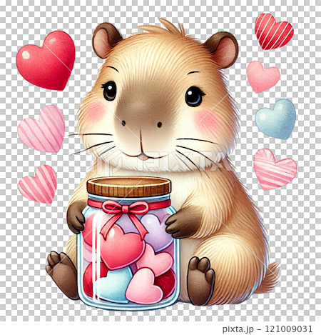 Cute guinea pig holding a jar of hearts, surrounded by love. Animal cartoon character. 121009031