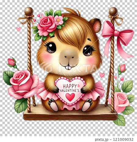 Cute guinea pig holding a love heart on a swing. Animal cartoon character. 121009032