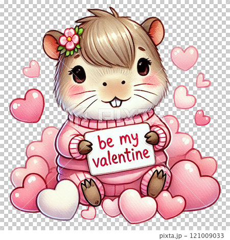 Cute guinea pig holding a valentine sign surrounded by hearts. Animal cartoon character. 121009033