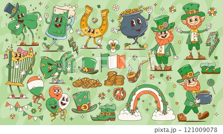 Saint Patrick day groovy characters. Leprechauns and golden coins, trefoil shamrock clover and irish rainbow retro groovy vector personages. St Patricks holiday funny leprechauns with hats and gold 121009078