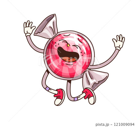 Groovy retro cartoon caramel candy sweet character with funny face, vector emoji. Funky groovy hard candy or pink lollipop caramel in wrapper with crazy smile and laughing character in retro cartoon 121009094