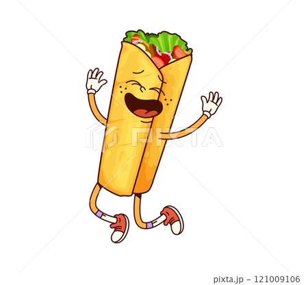 Fastfood groovy shawerma happy smiling character. Street menu shawerma or doner wrap funny funky character, durum or kebab cartoon isolated vector personage. Takeaway fast food cafe meal cute mascot 121009106
