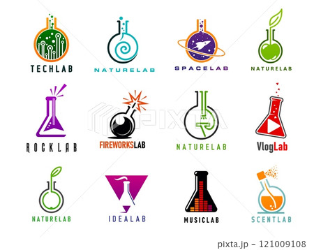 Science and art lab icons. Laboratory glass flask, test tube or beaker isolated vector symbols with green leaf, apple, microscope and spaceship. Science, nature, space, tech and music lab signs set Science and art lab icons. Laboratory glass flask, test tube or beaker isolated vector symbols with green leaf, apple, microscope and spaceship. Science, nature, space, tech and music lab signs set 121009108