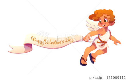 Cute cartoon cherub with valentine day banner for holiday celebration. Isolated vector adorable angel or cupid flying with romantic greetings, symbolizing love and festivity for Valentines Day event 121009112