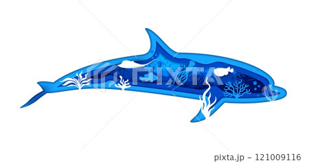 Dolphin silhouette with underwater landscape and sea fishes, vector paper cut. Undersea animals and ocean coral reef fishes, stingray with squid, fugu and clownfish in paper cut silhouette of dolphin Dolphin silhouette with underwater landscape and sea fishes, vector paper cut. Undersea animals and ocean coral reef fishes, stingray with squid, fugu and clownfish in paper cut silhouette of dolphin 121009116