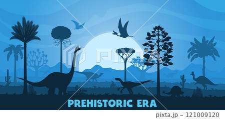 Prehistoric era sunset landscape with dinosaurs silhouettes. Jurassic dino animals and birds vector silhouettes of brachiosaurus, eoraptor, corythosaurus and tapejara dinosaurs, jurassic trees and sun 121009120