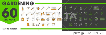 Farming and gardening line icons vector set includes tools, plants, gardening equipment, and symbols like shovel, rake, tree or seed. Pot, fence, boots, sprayer and wheelbarrow, gloves or watering can 121009126