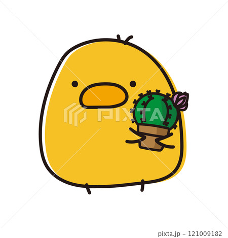 花が咲いた丸いサボテンを持っているまんまるひよこ 121009182