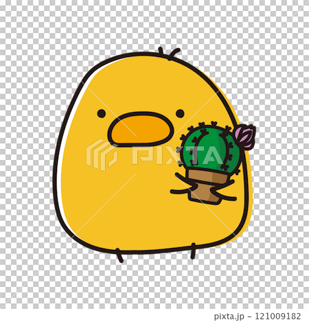 花が咲いた丸いサボテンを持っているまんまるひよこ 121009182