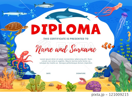 Kids diploma with cartoon underwater animals. Kindergarten or school certificate with starfish, squid and octopus, jellyfish and tuna, marlin, puffer or clown fish and turtle. Diving diploma template 121009215