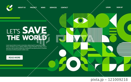 Landing page environment ecology theme with green abstract geometric pattern vector template. Simple graphic web banner or transition website landing page template with modern geometric border 121009218