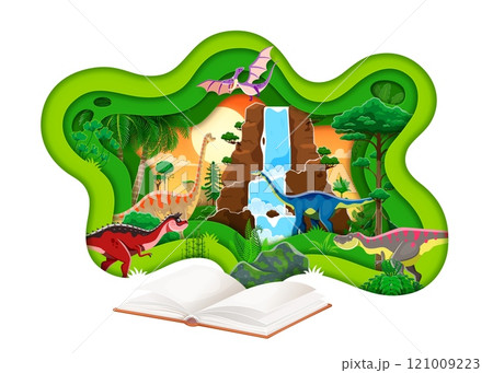 Opened book with prehistoric dinosaurs vector paper cut banner with jurassic forest and waterfall nature landscape background. Cartoon prehistoric dino animal characters in 3d paper cut wavy frame Opened book with prehistoric dinosaurs vector paper cut banner with jurassic forest and waterfall nature landscape background. Cartoon prehistoric dino animal characters in 3d paper cut wavy frame 121009223