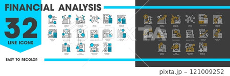 Line icons of financial analysis, accounting, tax revenue and budget. Business, investment and finance vector outline symbols with financial analysis report graphs, profit and risk assessments charts 121009252