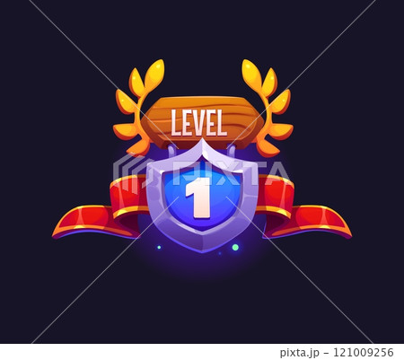 Game level up badge or victory rank shield with ribbon, vector icon. Level one 1 game badge for mission completion reward or rate rank badge with laurel wreath and blue crystal gem for game award 121009256
