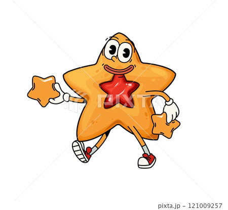 Funny groovy star cookie dessert character wearing sneakers, carrying small twinkles with cheerful and expressive face. Cartoon vector shortbread bakery retro food personage with jam and funny smile 121009257