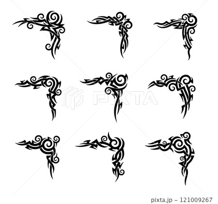 Celtic or Maori tribal tattoo with Polynesian or Hawaiian pattern ornament, vector art design. Abstract tribal tattoo set of intricate sharp thorn line in Maori or Celtic tribal design or modern style 121009267