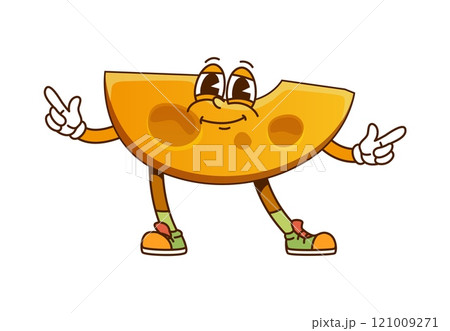 Funny groovy cheese piece character. Edam dairy product, camembert hard cheese slice or cheddar dairy food chunk funny groovy vector character, parmesan piece cheerful isolated cartoon personage Funny groovy cheese piece character. Edam dairy product, camembert hard cheese slice or cheddar dairy food chunk funny groovy vector character, parmesan piece cheerful isolated cartoon personage 121009271