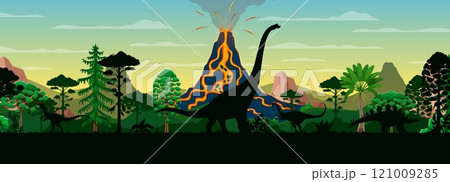 Prehistoric dinosaurs silhouettes at volcano landscape in Jurassic era forest, vector background. Giant lizards and dinosaur reptile silhouettes in jungle with volcano eruption for paleontology museum Prehistoric dinosaurs silhouettes at volcano landscape in Jurassic era forest, vector background. Giant lizards and dinosaur reptile silhouettes in jungle with volcano eruption for paleontology museum 121009285