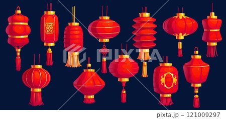 Cartoon chinese festival red lanterns, asian chinatown lamps, vector New Year hanging decoration of China, Japan and Korea. Red paper chinese lanterns with tassels, oriental gold ornaments and knots Cartoon chinese festival red lanterns, asian chinatown lamps, vector New Year hanging decoration of China, Japan and Korea. Red paper chinese lanterns with tassels, oriental gold ornaments and knots 121009297