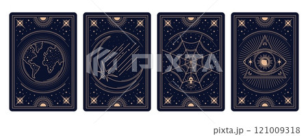 Magic occult Tarot cards with esoteric celestial frames, vector backgrounds. Tarot cards reverse decks and covers with golden frames, magic mystic esoteric sun and moon, stars and freemason pyramid Magic occult Tarot cards with esoteric celestial frames, vector backgrounds. Tarot cards reverse decks and covers with golden frames, magic mystic esoteric sun and moon, stars and freemason pyramid 121009318