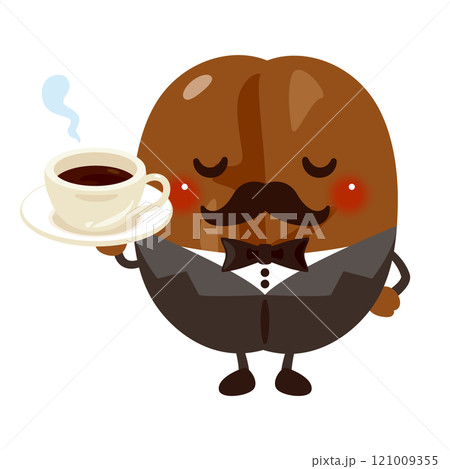 コーヒーカップを持った喫茶店のマスター風コーヒー豆のキャラクターイラストセット 121009355